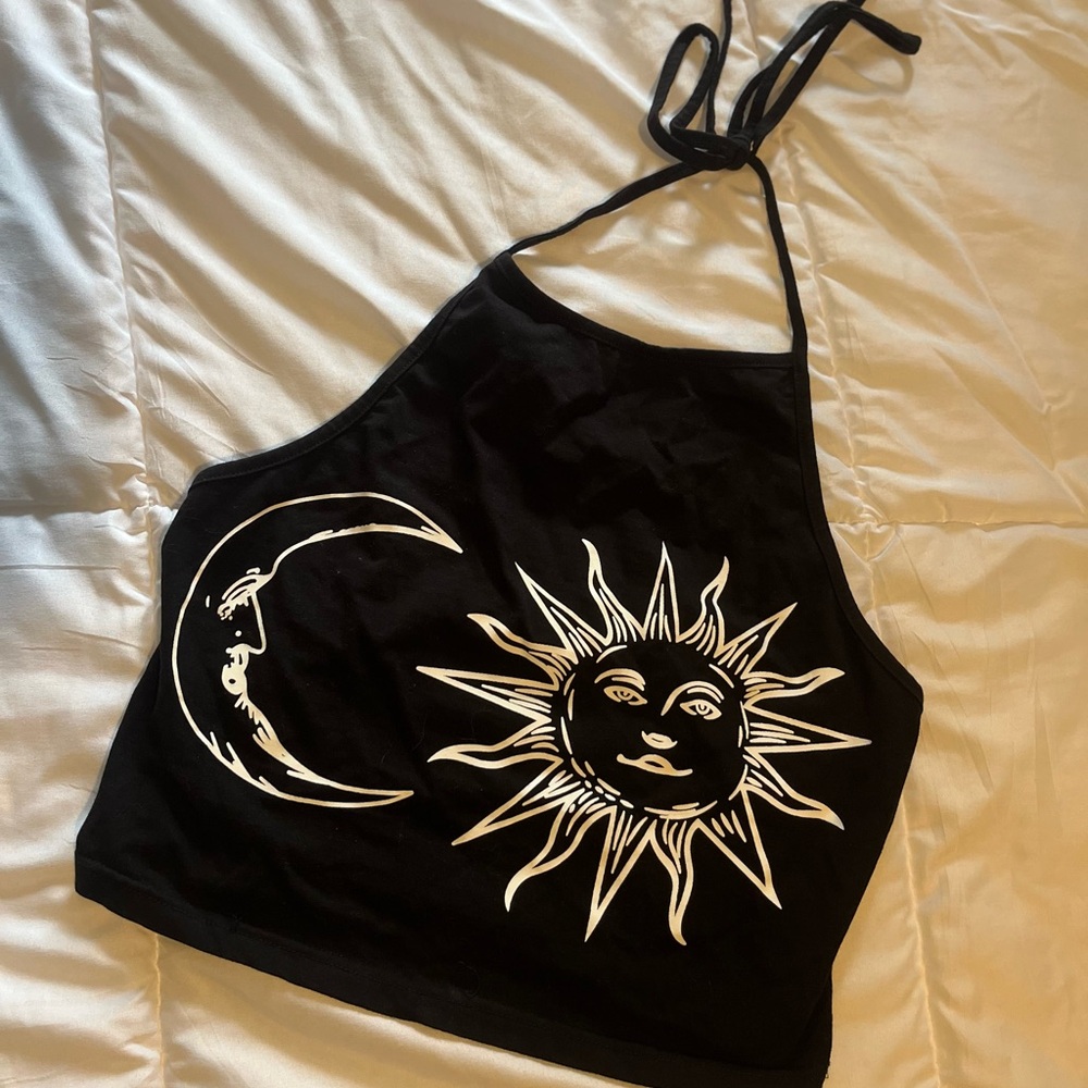 Black Halter Top with Sun and Moon Design